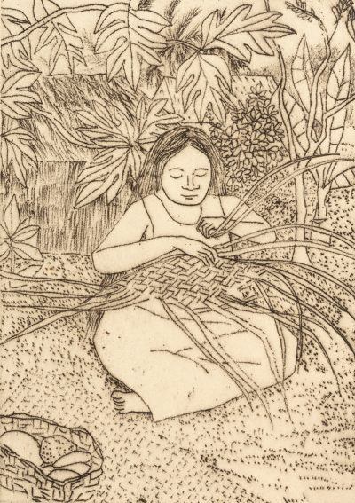 Girl Weaving Basket - Ray Crooke