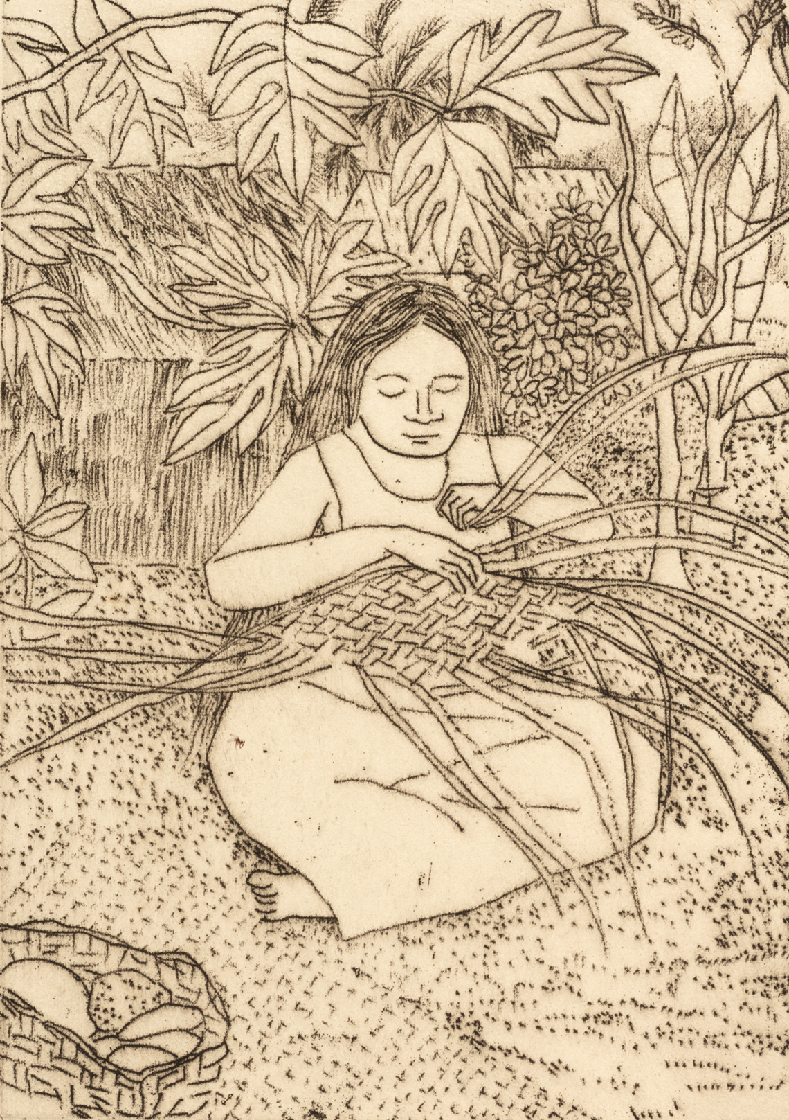 Girl Weaving Basket - Ray Crooke